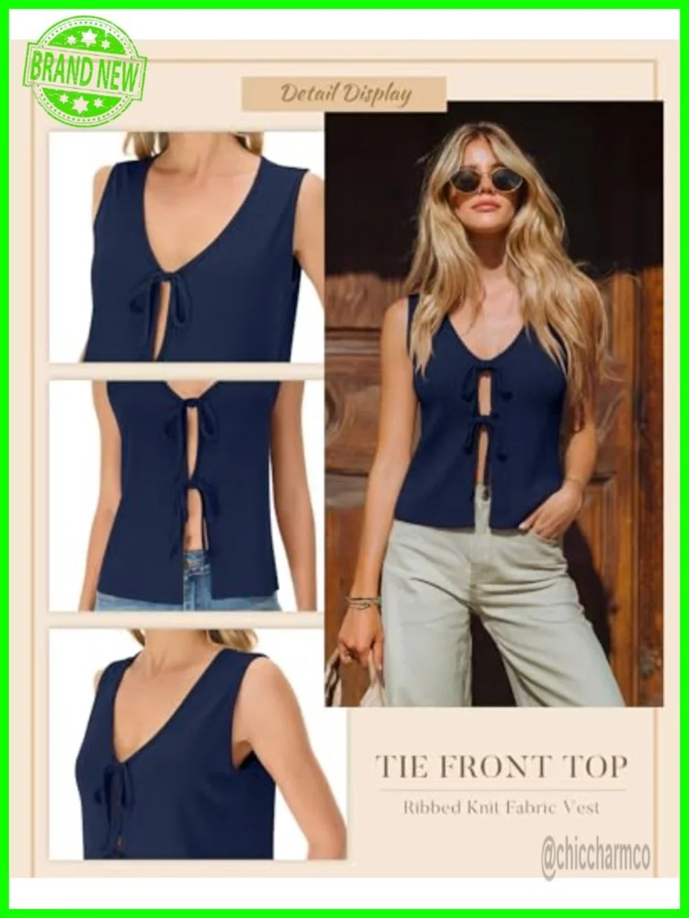 Ribbed Tie Front Sweater Vest Sleeveless Cotton Blend Tank Top